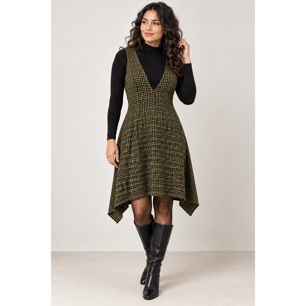 MONA NWT Wool Blend Houndstooth Pinafore Dress EU 42 Asymmetrical Buckle - Picture 2 of 11